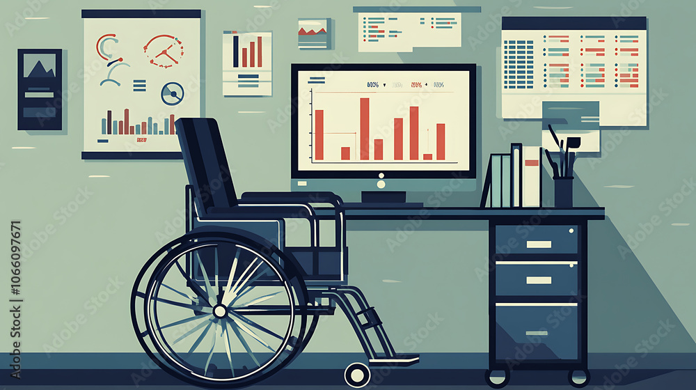 Aufkleber a wheelchair accessible for workers with disabilities in an inclusive workplace featuring a computer