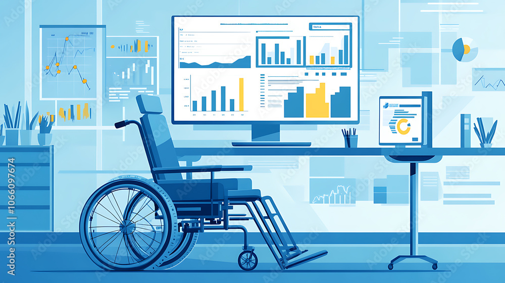 Aufkleber a wheelchair accessible for workers with disabilities in an inclusive workplace featuring a computer