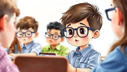 Fototapeta premium Cute schoolboy in eyeglasses answering questions of teacher at individual lesson isolated with white highlights, png