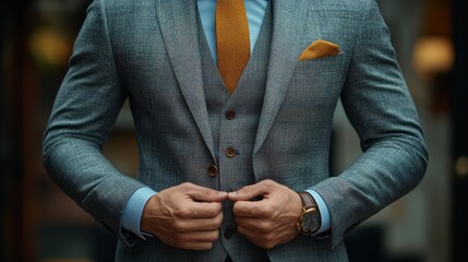Close-up of a man in a grey suit,  adjusting his tie.  The suit is a three-piece with a vest and a yellow tie.  The man is wearing a blue shirt and has a gold watch on his wrist.