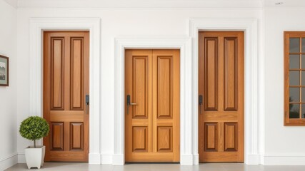 Variety of white doors in different styles and designs isolated on white background, home, open