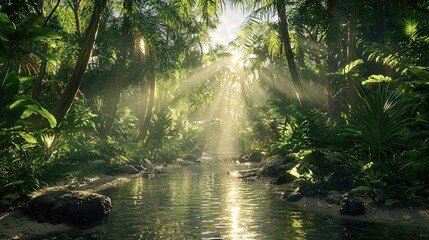 Obraz premium Sunbeams Illuminating a Tranquil Stream in a Lush Jungle