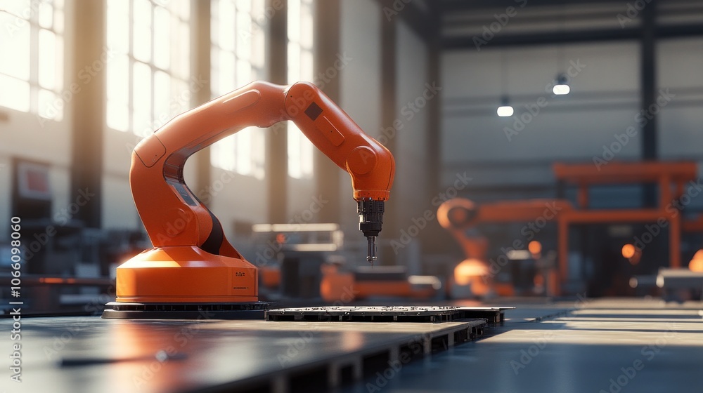Poster Orange Robotic Arm Performing Precision Work in a Factory Setting