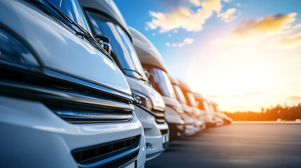 A row of new motorhomes displayed at a dealership under bright skies, highlighting recreational vehicles ready for sale, perfect for travel enthusiasts and road trips