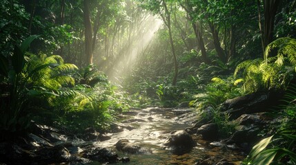 Fototapeta premium A Serene Stream Flowing Through a Lush, Sun-Dappled Rainforest
