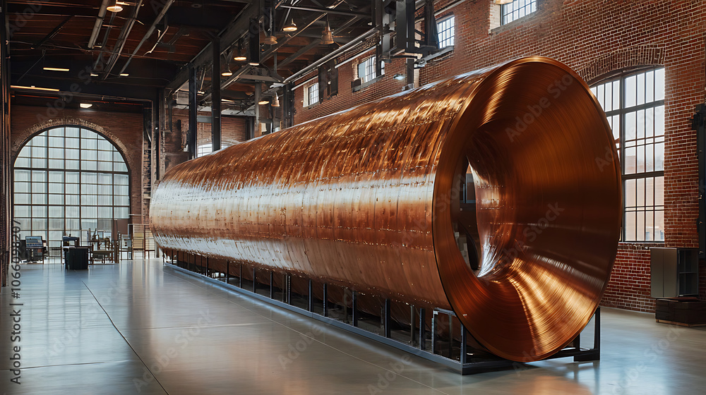 Poster a massive spool of copper wire displayed in a factory setting demonstrates industrial production