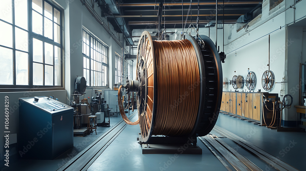 Poster a massive spool of copper wire displayed in a factory setting demonstrates industrial production