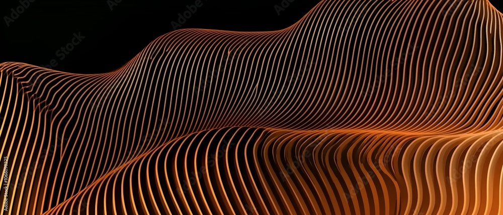Poster an abstract composition of flowing lines in warm orange tones against a black background, creating a