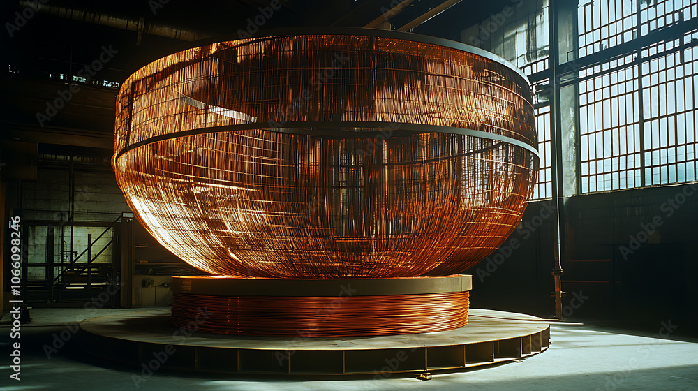 Poster a massive spool of copper wire displayed in a factory setting demonstrates industrial production
