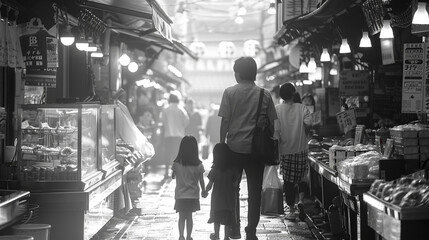Obraz premium A family enjoys a day out in the local market exploring unique flavors and vibrant culture together