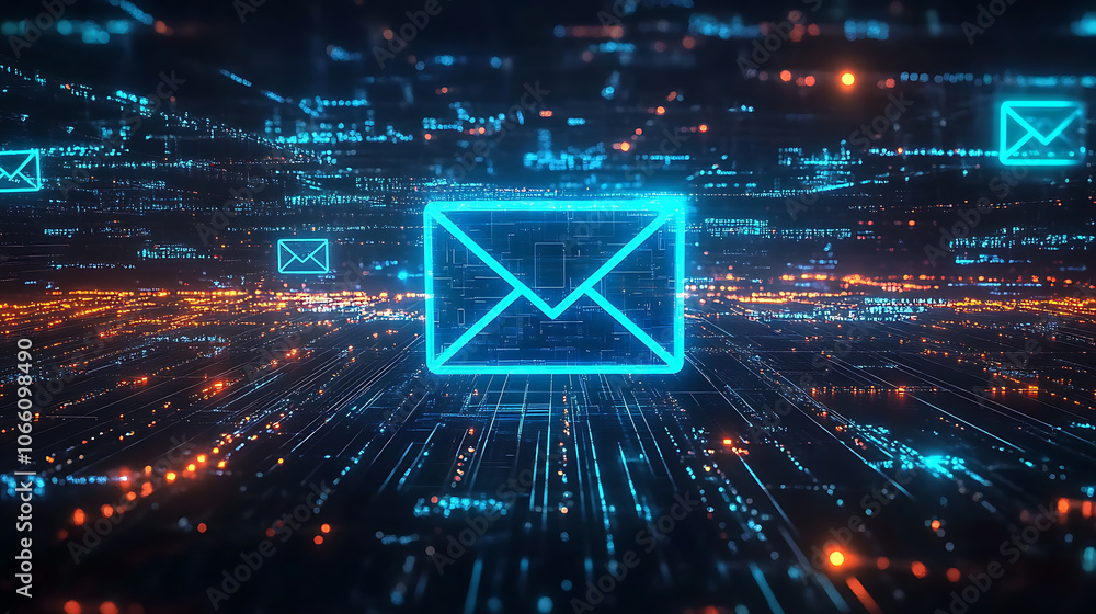 Leinwandbilder a glowing blue mail icon surrounded by streams of digital data, symbolizing the fast flow of electro