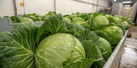 A bunch of fresh green cabbages with water droplets clinging to their leaves in a humid environment, green produce, humidity, crisp cabbage