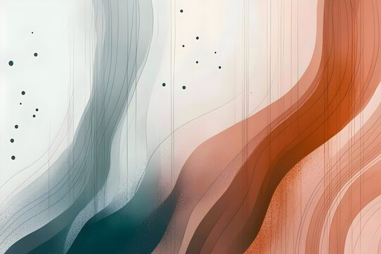 An abstract composition featuring flowing lines in soft blue and warm terracotta hues, incorporating subtle textures and speckles for a serene and modern aesthetic.