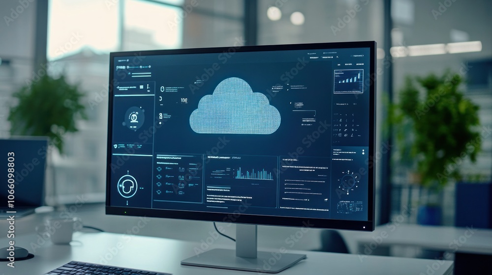 Poster Computer Monitor Displaying Cloud Computing Data and Graphics