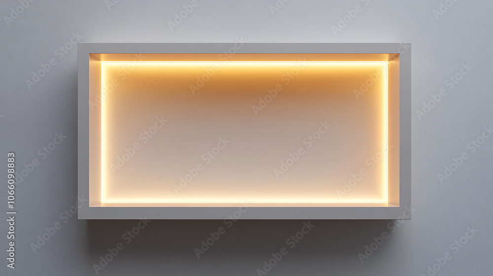Poster 3d mockup of an empty niche or shelf with an led light on a white wall, display case made of plastic