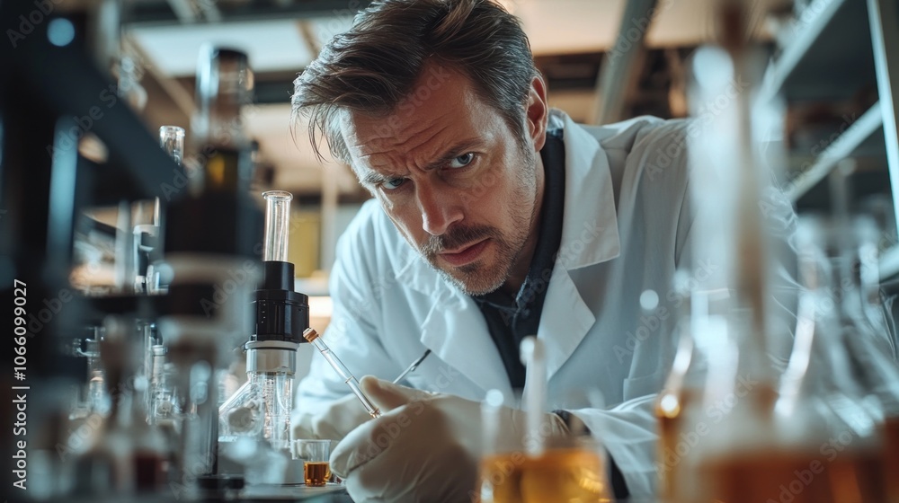 Poster a scientist working in a laboratory, focused on a microscope and chemical samples