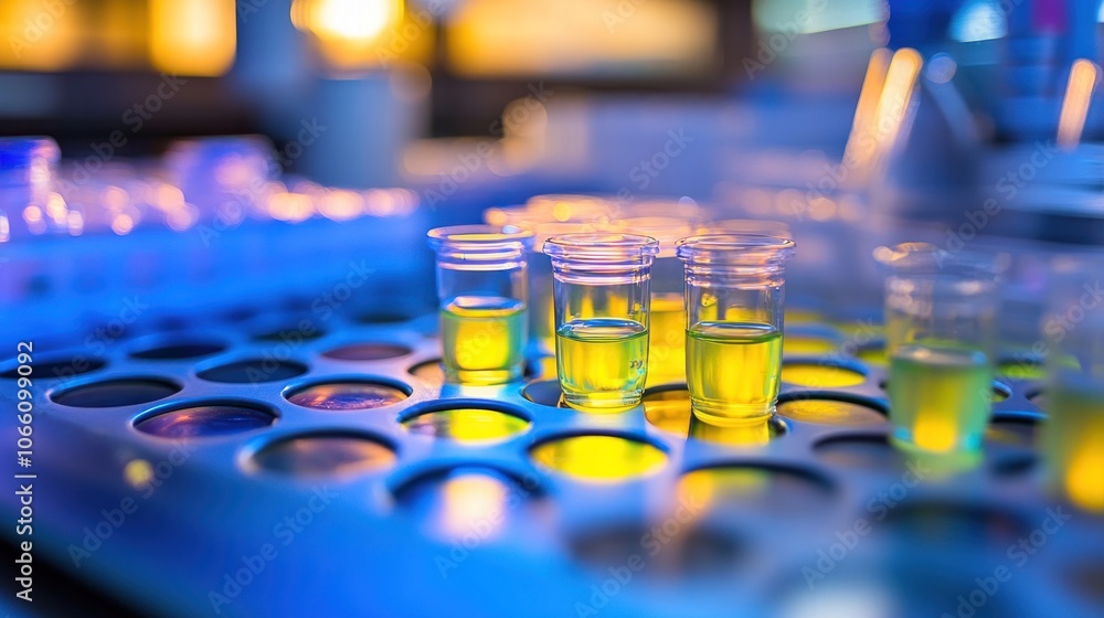 Poster Close-up of Test Tubes with Yellow Liquid in a Laboratory Setting