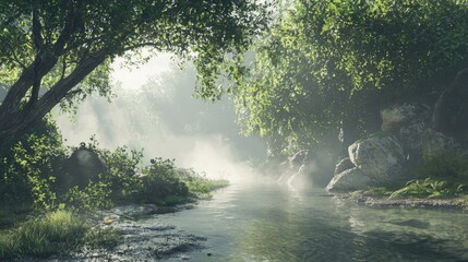 Obraz premium Tranquil Forest Stream with Mist and Sunlight