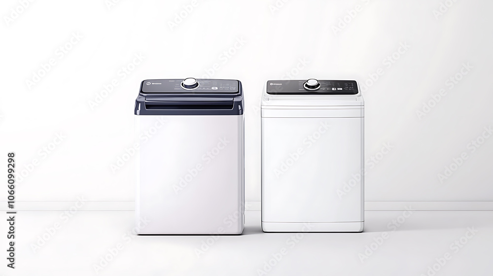 Poster washing machines with top and front loads against a white background