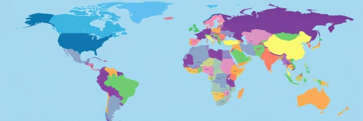Vibrant illustration of a global map showcasing different countries and continents, colorful, global