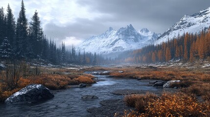 Serene Stream Winding Through a Snow-Capped Mountain Valley