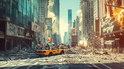 postapocalyptic destroyed city street disaster film poster concept digital illustration