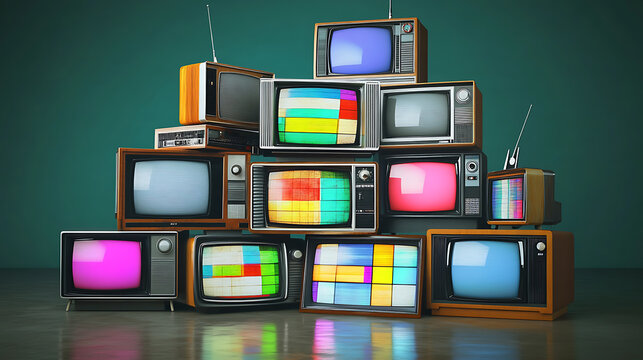 stack of various television sets from the 1970s with a test pattern displayed on the screen, static, fuzzy digital screen background