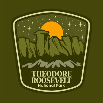 THEODORE ROOSEVELT AT THE NIGHT NATIONAL PARK BADGE LOGO DESIGN VECTOR ILLUSTRATION