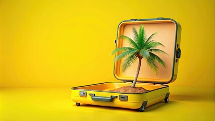 render of a yellow open suitcase with a palm tree inside, perfect for summer travel concepts, , yellow, open, suitcase