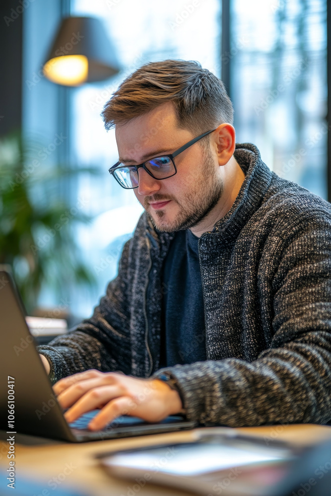 Poster software developer at work, man analyzing code on laptop in modern office environment. he is focused