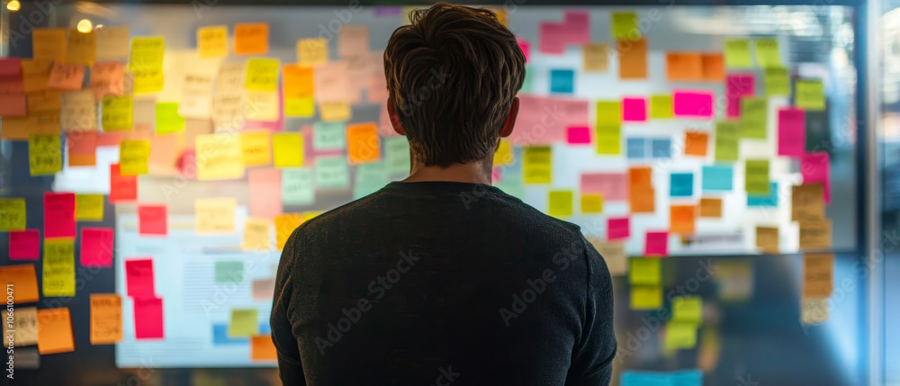 Poster man brainstorming ideas in front of colorful wall of sticky notes, showcasing creativity and collabo