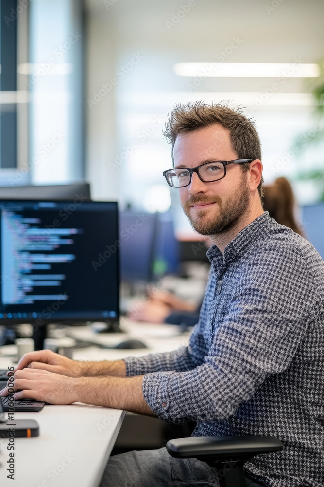 Aufkleber software developer at work, collaborating with colleagues in modern office environment. man is focus