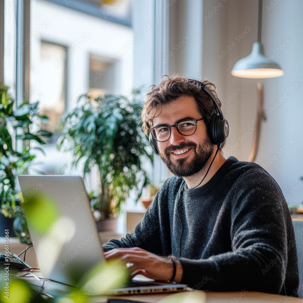 Poster software developer at work, man engaged in video call, smiling while using laptop in bright office w