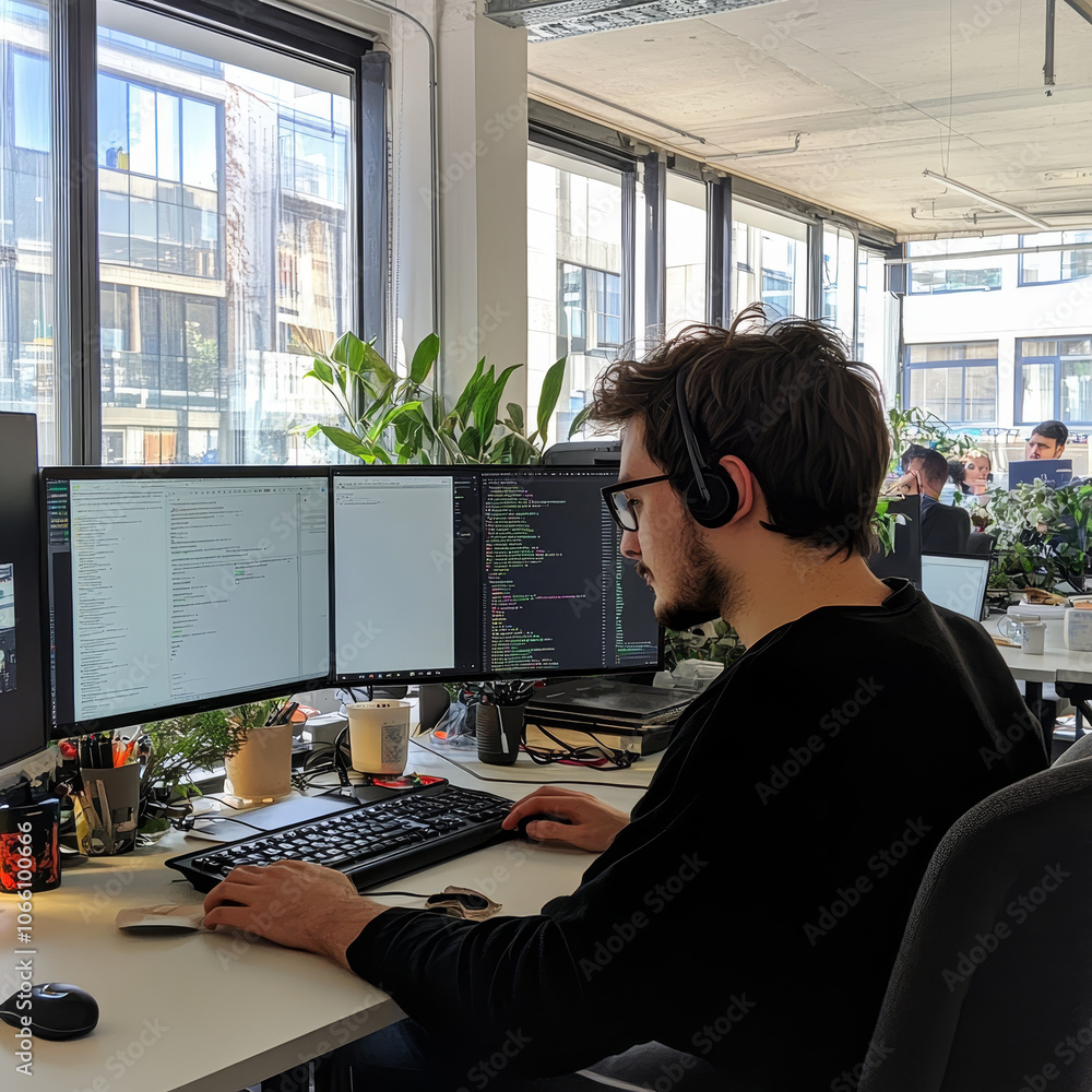 Poster software developer at work, focused on coding and video calls in modern office environment. workspac
