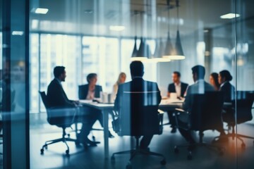 Fototapeta premium Blurry Business Meeting Behind a Glass Wall - Corporate Conference and Office Environment