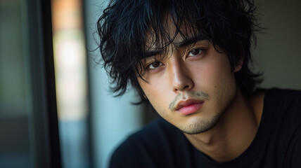 Young man with tousled hair, gazing thoughtfully, showcasing relaxed vibe