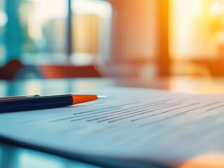 Fototapeta premium Business partnership agreement with vibrant documents, sleek modern office, soft lighting, dynamic energy