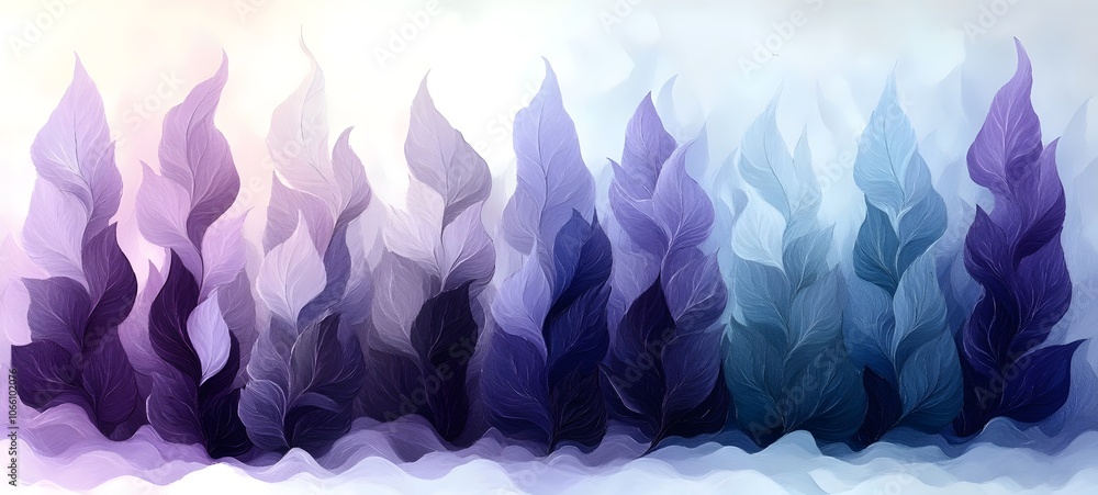 Poster an abstract representation of leafy waves in gradient shades of purple and blue, creating a serene a