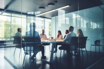 Fototapeta premium Conference Business Meeting Behind Glass Wall Partition - Workplace Collaboration Concept