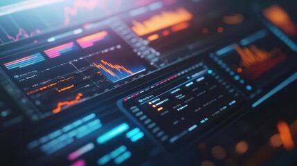 Fototapeta premium Business productivity visualized with vibrant charts, sleek interface, soft lighting, dynamic energy