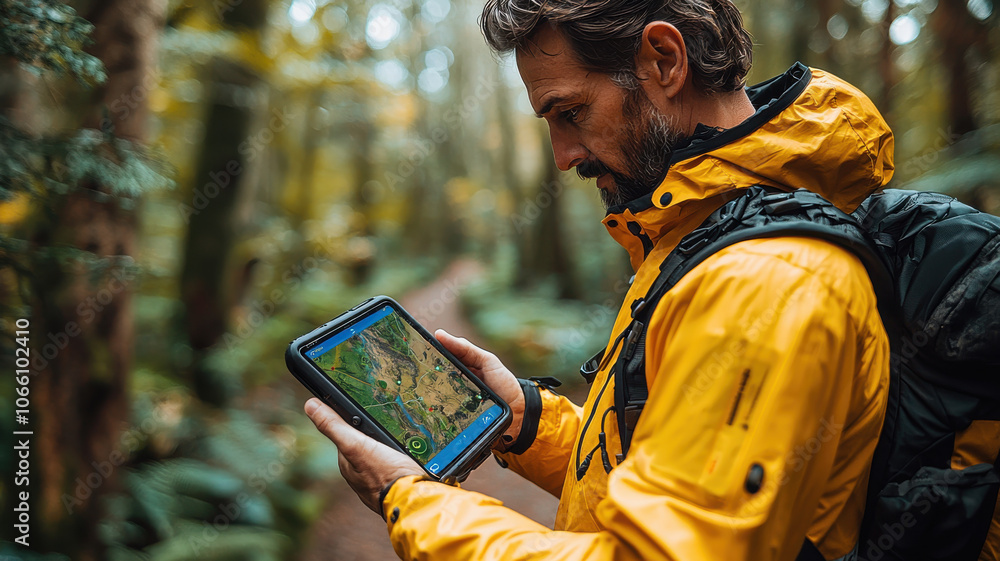 Poster man using gps device in forest for outdoor navigation and exploration