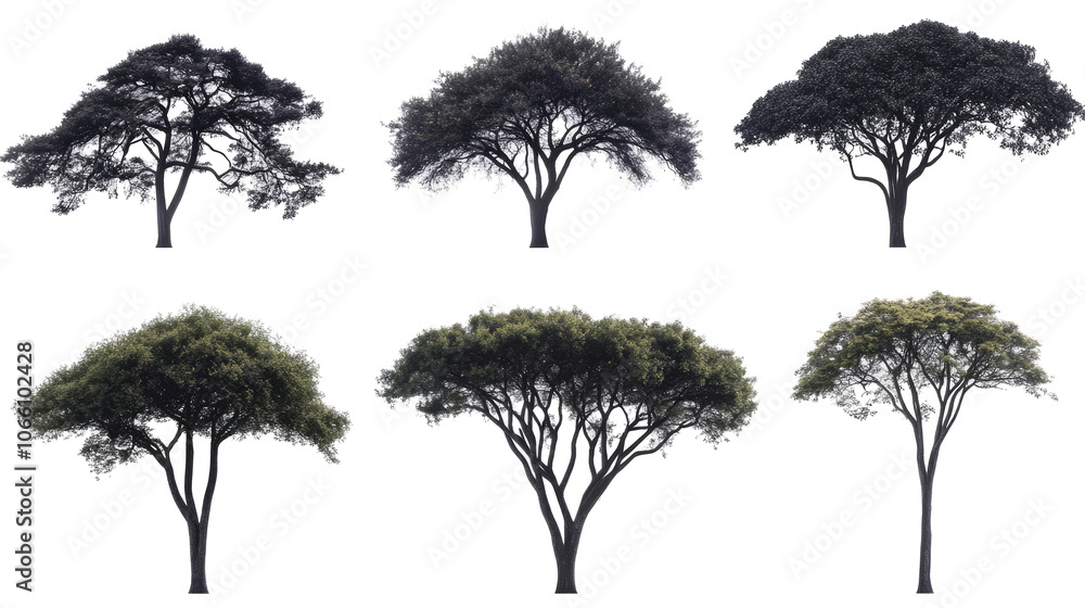 Poster collection of dark trees isolated on a transparent background generative ai