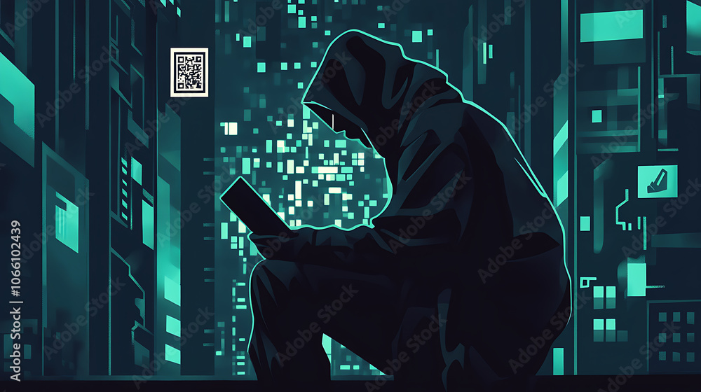 Poster vector graphic illustrating a hacker and cybercrime theme, featuring a qr code element
