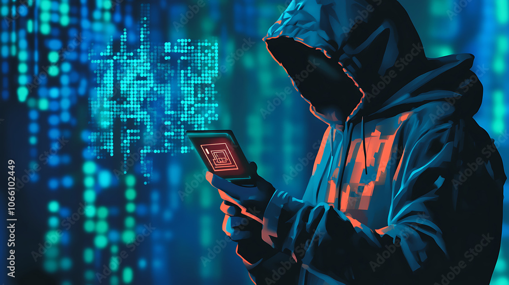 Poster Vector graphic illustrating a hacker and cybercrime theme, featuring a QR code element