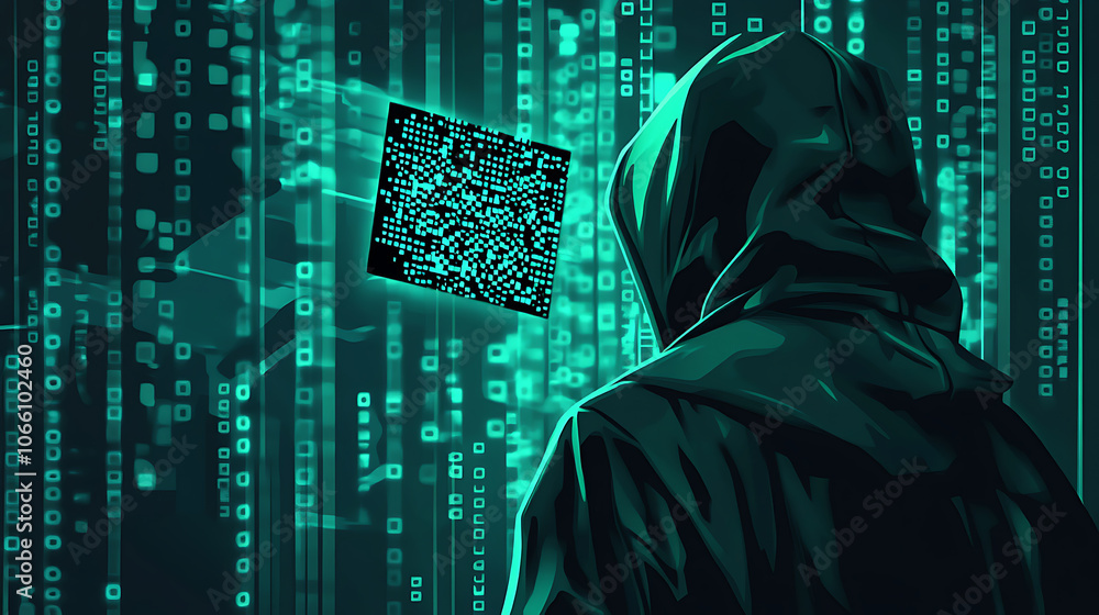 Poster Vector graphic illustrating a hacker and cybercrime theme, featuring a QR code element