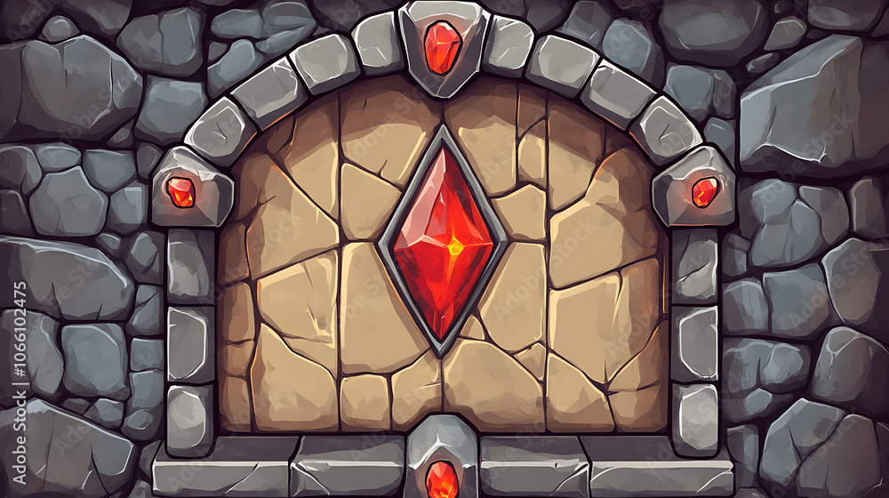 Poster Vector UI element for a stone game frame, ideal for RPGs, featuring a medieval rock panel with red gemstone accents