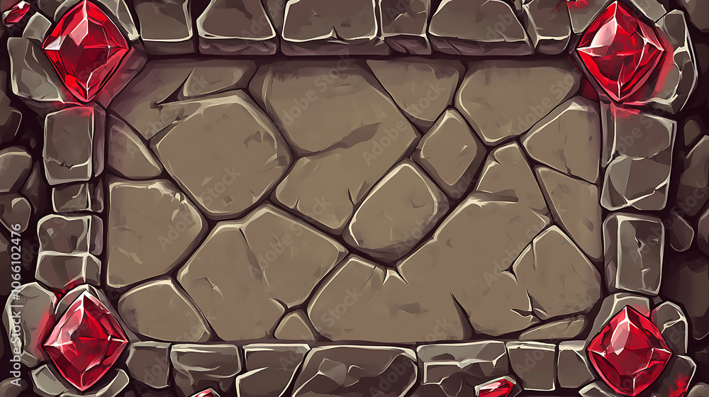 Poster Vector UI element for a stone game frame, ideal for RPGs, featuring a medieval rock panel with red gemstone accents
