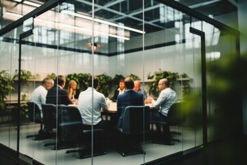 Fototapeta premium Contemporary Office Meeting Behind Glass Wall Partition - Business and Corporate Concept