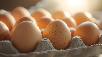 Close-up of farm-fresh brown eggs in paper egg carton packaging. World Egg Day celebration and nutrition focus