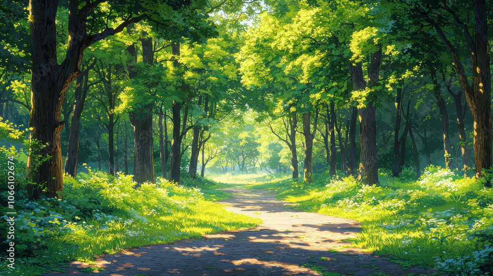 Poster lush green forest path with sunlight filtering through trees